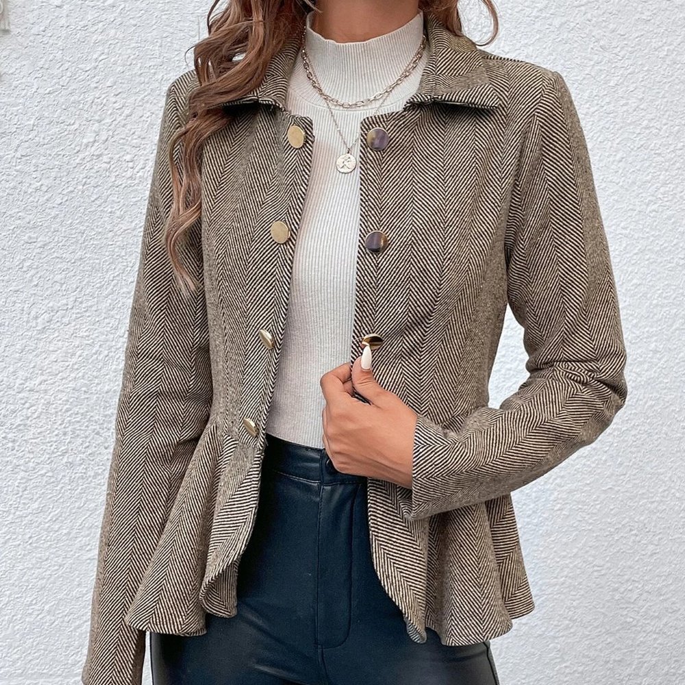 Brown Preppy Womens Herringbone Peplum Hem Coat - Picture 3 of 5